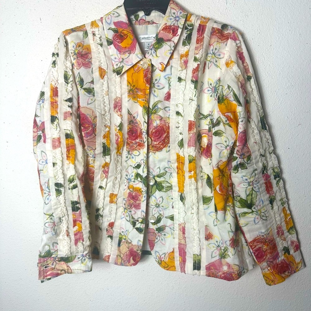 Coldwater Creek Multicolor Floral Blouse/Jacket Small ruffle cotton rag …